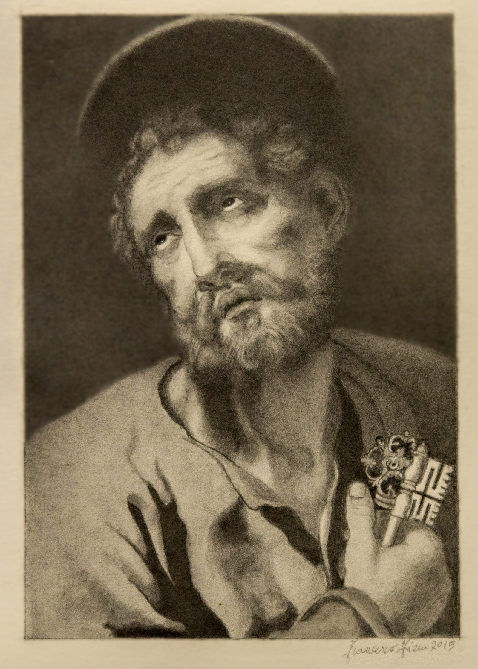 Studio per la realizzazione di una copia dell'opera San Pietro riceve le chiavi, di Carlo dolci. Grafite su carta. 10x14cm