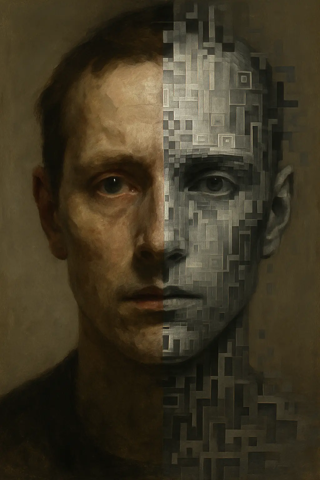 Volto umano tra pittura e algoritmo – immagine generata con IA (Sora) Ritratto generato con intelligenza artificiale (Sora) che mostra un volto umano diviso tra pittura a olio realistica ed elementi digitali astratti. L’opera visiva esplora la contrapposizione tra espressione artistica umana e sintesi algoritmica.