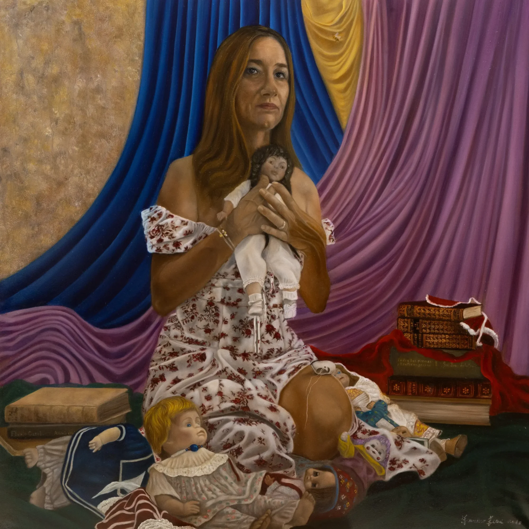 Ritratto a figura intera di donna con bambole e volumi, opera originale di Francesco Fieni